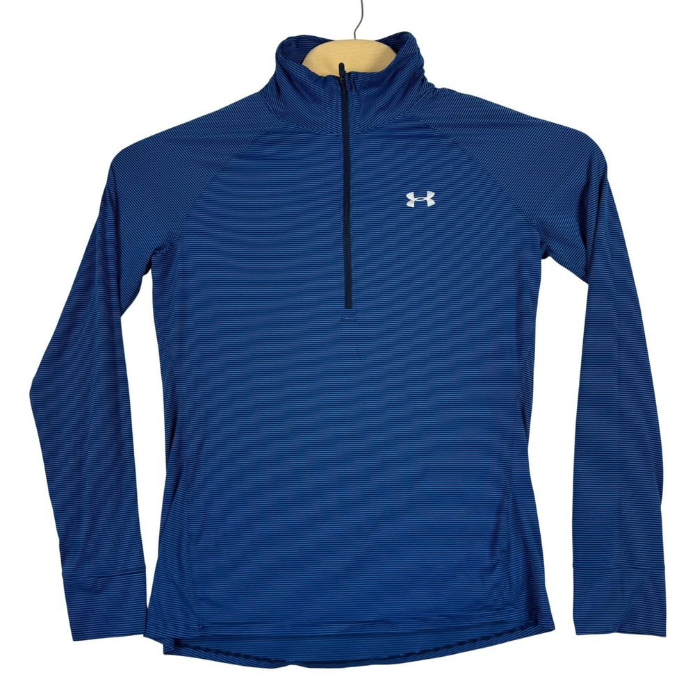 Under Armour Shirt Womens L Blue‎ Striped Quarter Zip Long Sleeve Mock Neck